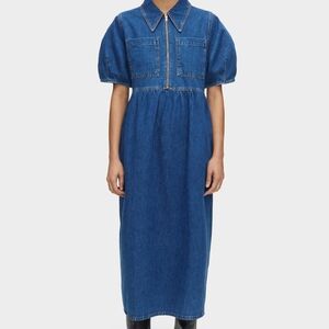 Aligne Gabriella Blue Midi Dress with Puff Sleeves and Fitted Bodice